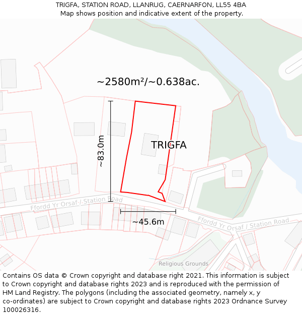 TRIGFA, STATION ROAD, LLANRUG, CAERNARFON, LL55 4BA: Plot and title map