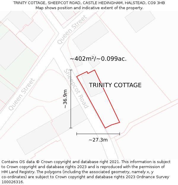 TRINITY COTTAGE, SHEEPCOT ROAD, CASTLE HEDINGHAM, HALSTEAD, CO9 3HB: Plot and title map
