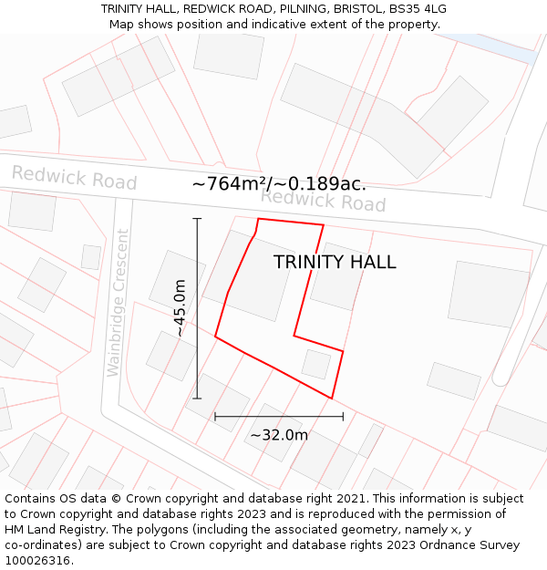 TRINITY HALL, REDWICK ROAD, PILNING, BRISTOL, BS35 4LG: Plot and title map