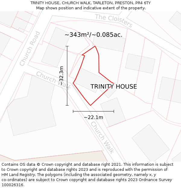 TRINITY HOUSE, CHURCH WALK, TARLETON, PRESTON, PR4 6TY: Plot and title map