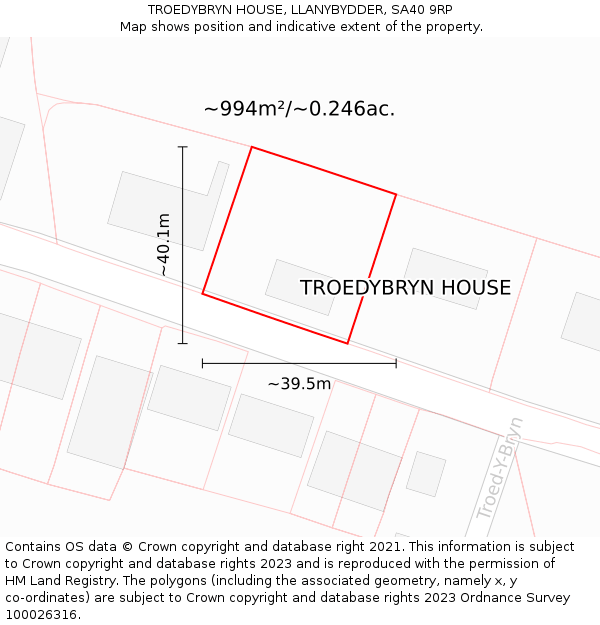TROEDYBRYN HOUSE, LLANYBYDDER, SA40 9RP: Plot and title map