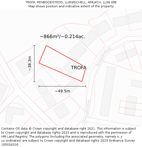 TROFA, PENBODEISTEDD, LLANFECHELL, AMLWCH, LL68 0RE: Plot and title map