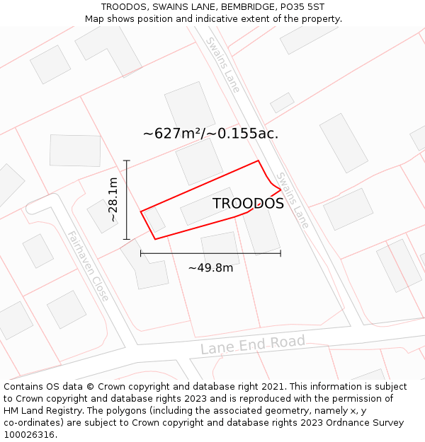 TROODOS, SWAINS LANE, BEMBRIDGE, PO35 5ST: Plot and title map