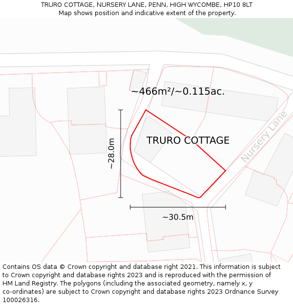 TRURO COTTAGE, NURSERY LANE, PENN, HIGH WYCOMBE, HP10 8LT: Plot and title map
