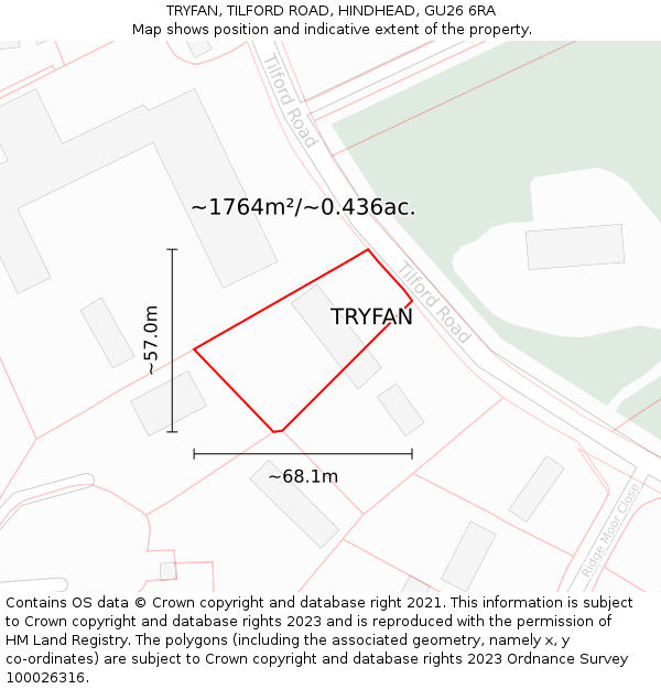 TRYFAN, TILFORD ROAD, HINDHEAD, GU26 6RA: Plot and title map
