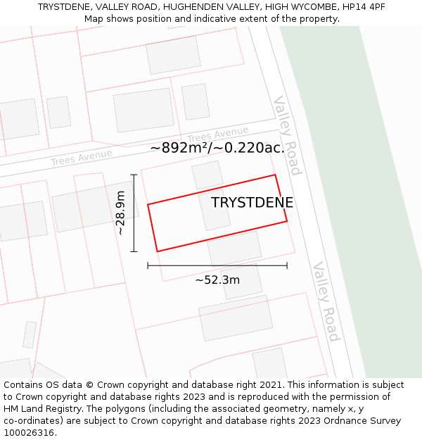 TRYSTDENE, VALLEY ROAD, HUGHENDEN VALLEY, HIGH WYCOMBE, HP14 4PF: Plot and title map
