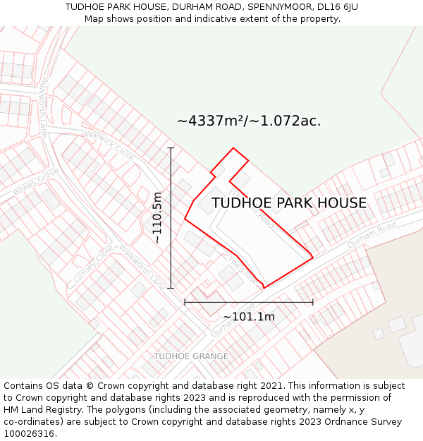 TUDHOE PARK HOUSE, DURHAM ROAD, SPENNYMOOR, DL16 6JU: Plot and title map