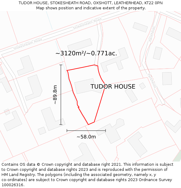 TUDOR HOUSE, STOKESHEATH ROAD, OXSHOTT, LEATHERHEAD, KT22 0PN: Plot and title map