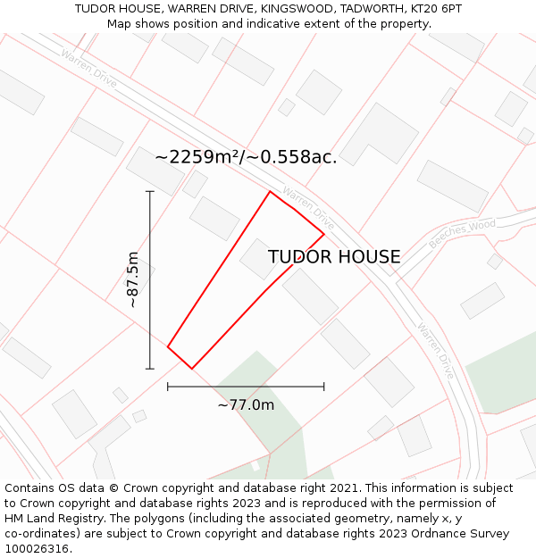 TUDOR HOUSE, WARREN DRIVE, KINGSWOOD, TADWORTH, KT20 6PT: Plot and title map