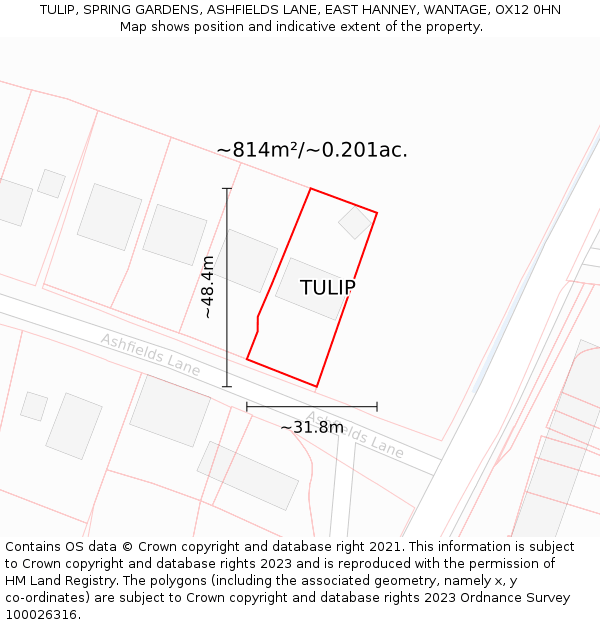 TULIP, SPRING GARDENS, ASHFIELDS LANE, EAST HANNEY, WANTAGE, OX12 0HN: Plot and title map