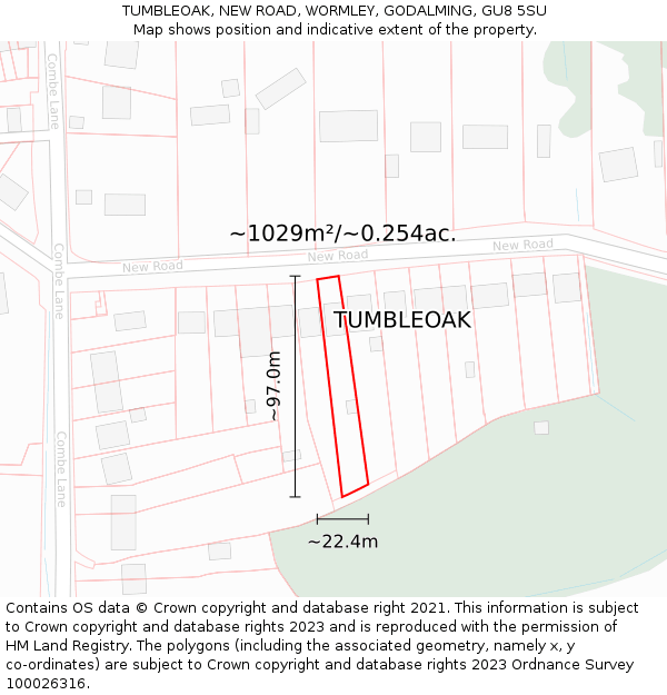 TUMBLEOAK, NEW ROAD, WORMLEY, GODALMING, GU8 5SU: Plot and title map