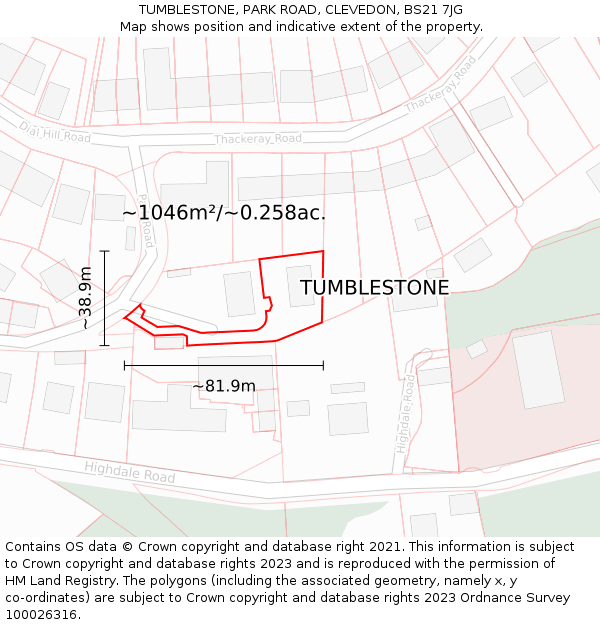 TUMBLESTONE, PARK ROAD, CLEVEDON, BS21 7JG: Plot and title map
