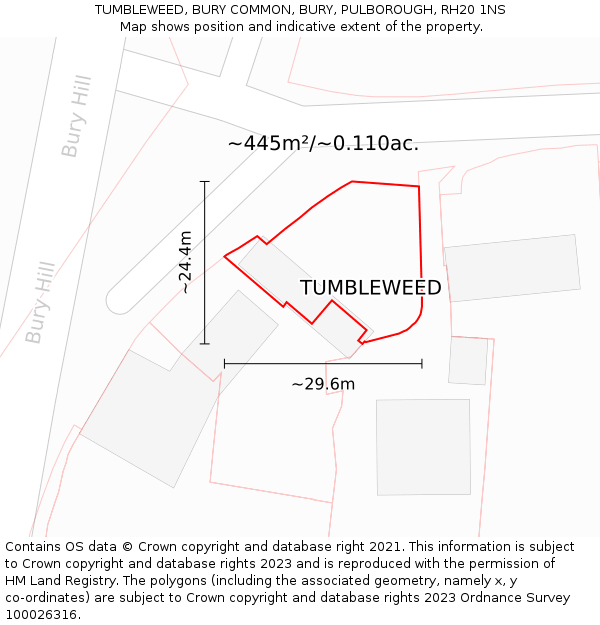 TUMBLEWEED, BURY COMMON, BURY, PULBOROUGH, RH20 1NS: Plot and title map