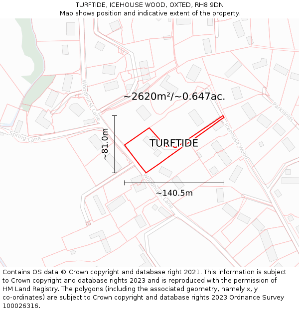 TURFTIDE, ICEHOUSE WOOD, OXTED, RH8 9DN: Plot and title map