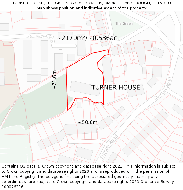 TURNER HOUSE, THE GREEN, GREAT BOWDEN, MARKET HARBOROUGH, LE16 7EU: Plot and title map