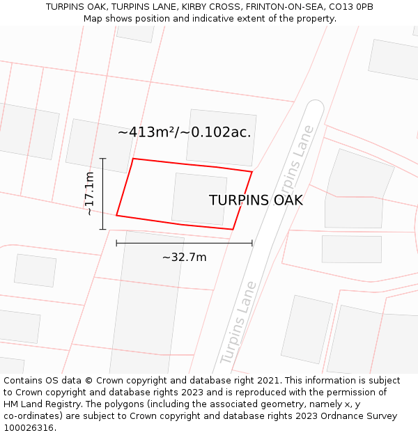 TURPINS OAK, TURPINS LANE, KIRBY CROSS, FRINTON-ON-SEA, CO13 0PB: Plot and title map
