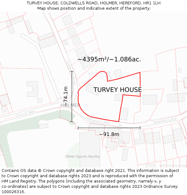 TURVEY HOUSE, COLDWELLS ROAD, HOLMER, HEREFORD, HR1 1LH: Plot and title map