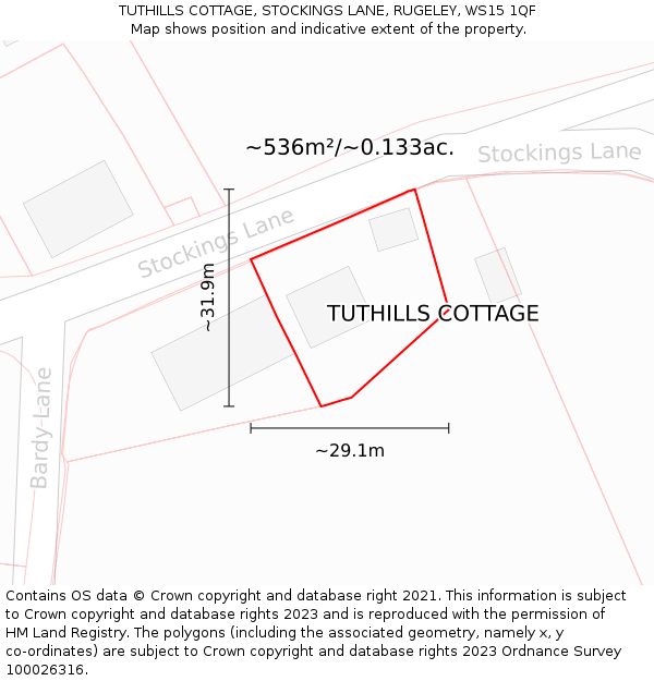 TUTHILLS COTTAGE, STOCKINGS LANE, RUGELEY, WS15 1QF: Plot and title map
