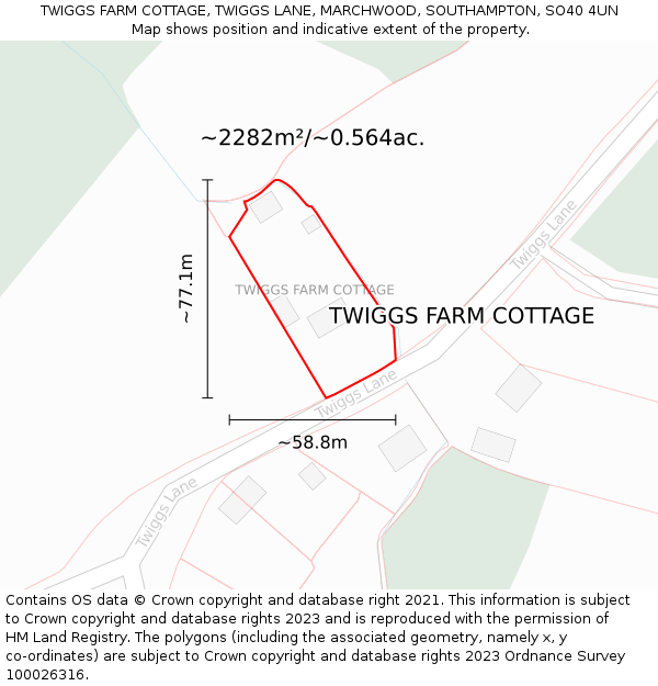 TWIGGS FARM COTTAGE, TWIGGS LANE, MARCHWOOD, SOUTHAMPTON, SO40 4UN: Plot and title map