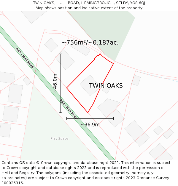 TWIN OAKS, HULL ROAD, HEMINGBROUGH, SELBY, YO8 6QJ: Plot and title map
