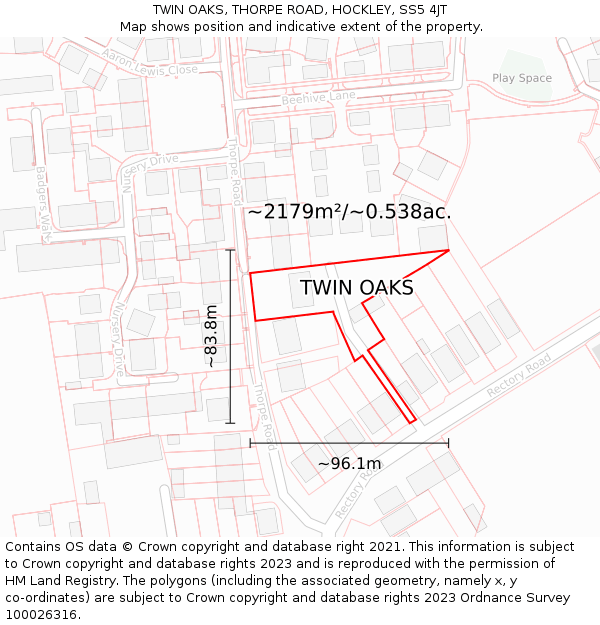 TWIN OAKS, THORPE ROAD, HOCKLEY, SS5 4JT: Plot and title map