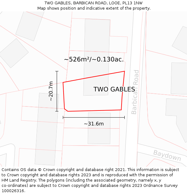 TWO GABLES, BARBICAN ROAD, LOOE, PL13 1NW: Plot and title map