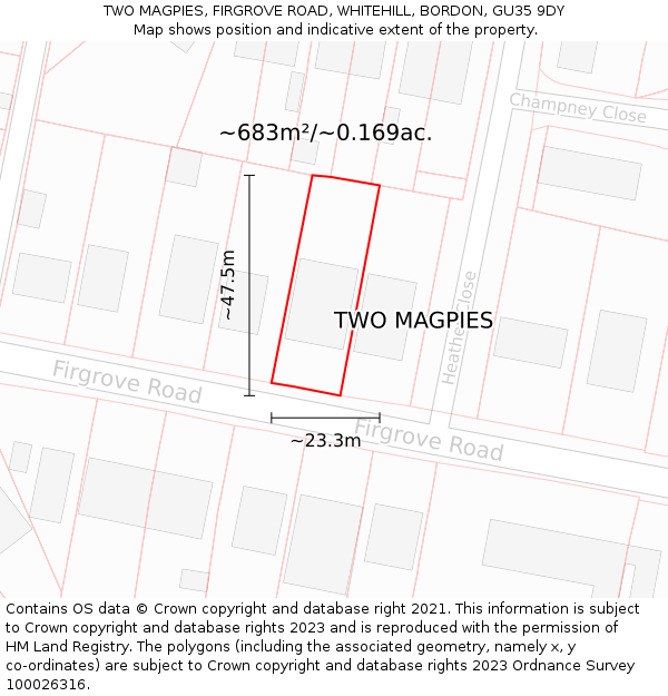 TWO MAGPIES, FIRGROVE ROAD, WHITEHILL, BORDON, GU35 9DY: Plot and title map