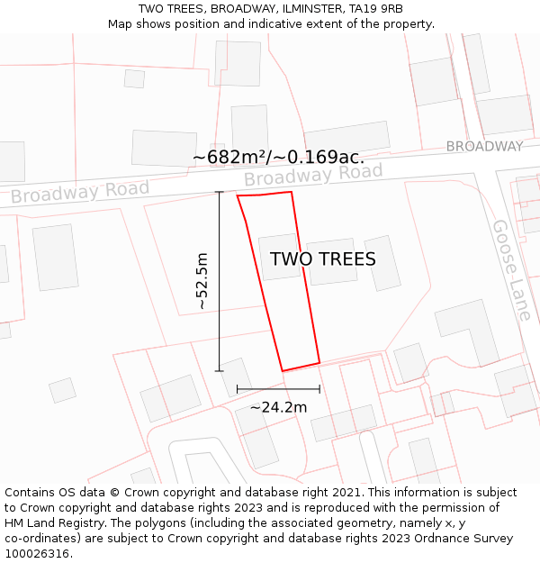 TWO TREES, BROADWAY, ILMINSTER, TA19 9RB: Plot and title map