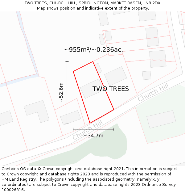 TWO TREES, CHURCH HILL, SPRIDLINGTON, MARKET RASEN, LN8 2DX: Plot and title map