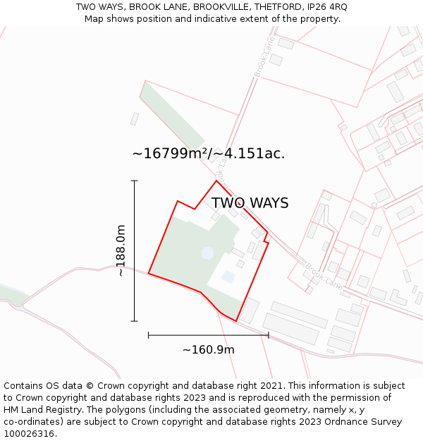 TWO WAYS, BROOK LANE, BROOKVILLE, THETFORD, IP26 4RQ: Plot and title map
