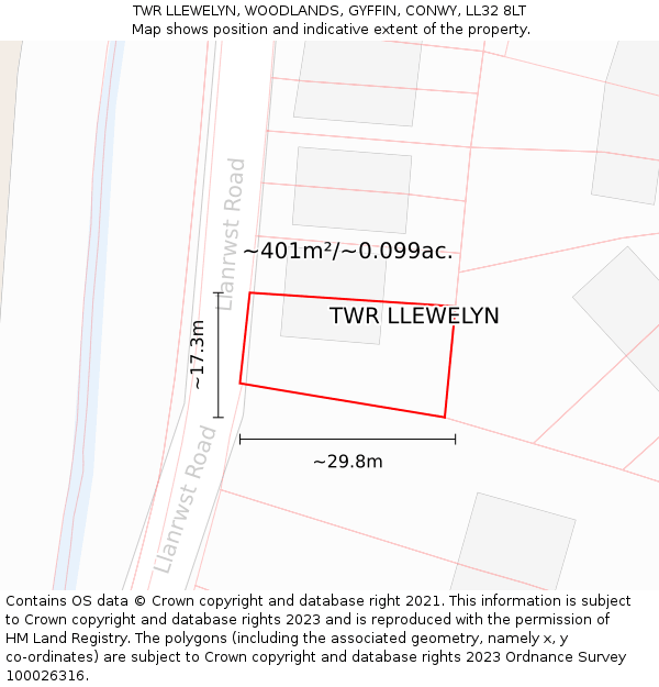 TWR LLEWELYN, WOODLANDS, GYFFIN, CONWY, LL32 8LT: Plot and title map