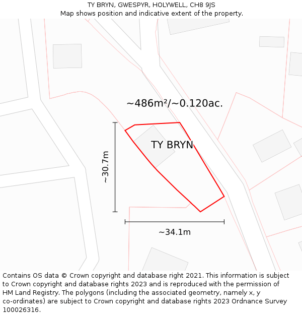 TY BRYN, GWESPYR, HOLYWELL, CH8 9JS: Plot and title map