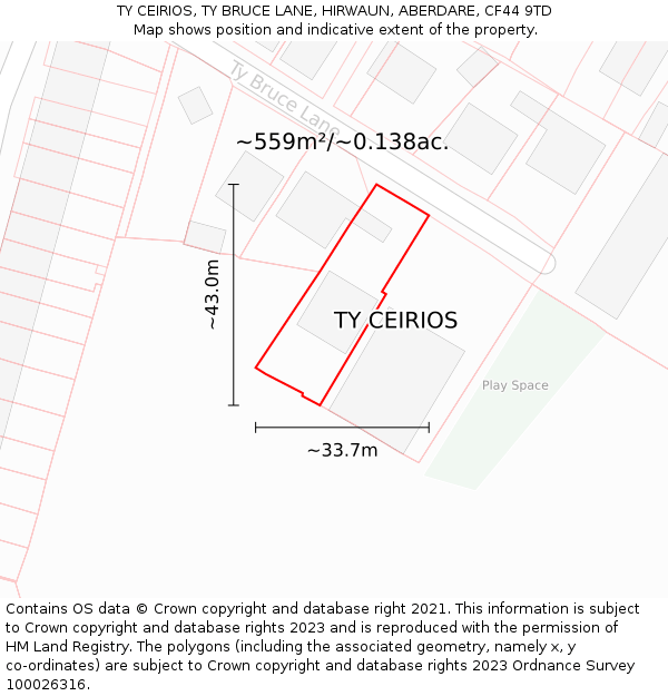 TY CEIRIOS, TY BRUCE LANE, HIRWAUN, ABERDARE, CF44 9TD: Plot and title map