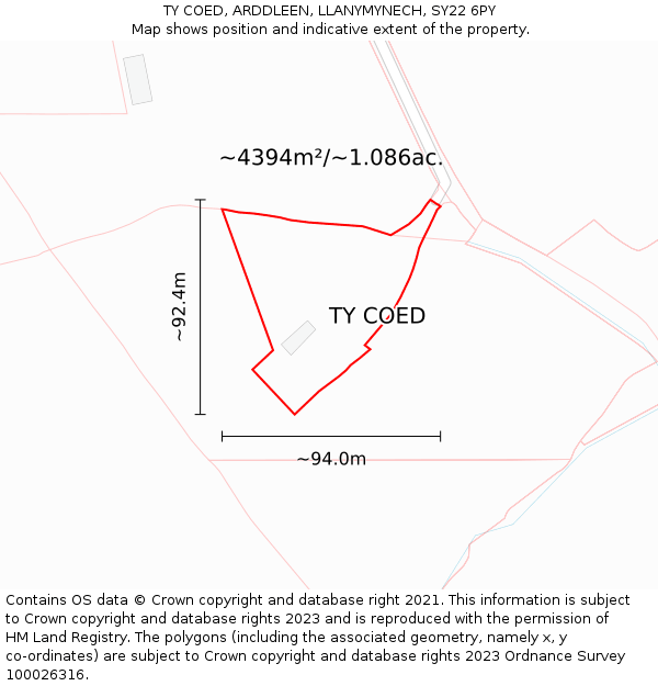 TY COED, ARDDLEEN, LLANYMYNECH, SY22 6PY: Plot and title map