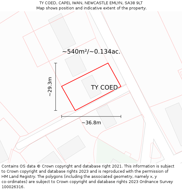 TY COED, CAPEL IWAN, NEWCASTLE EMLYN, SA38 9LT: Plot and title map