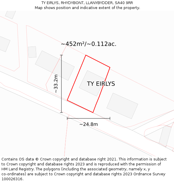 TY EIRLYS, RHYDYBONT, LLANYBYDDER, SA40 9RR: Plot and title map
