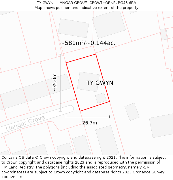 TY GWYN, LLANGAR GROVE, CROWTHORNE, RG45 6EA: Plot and title map