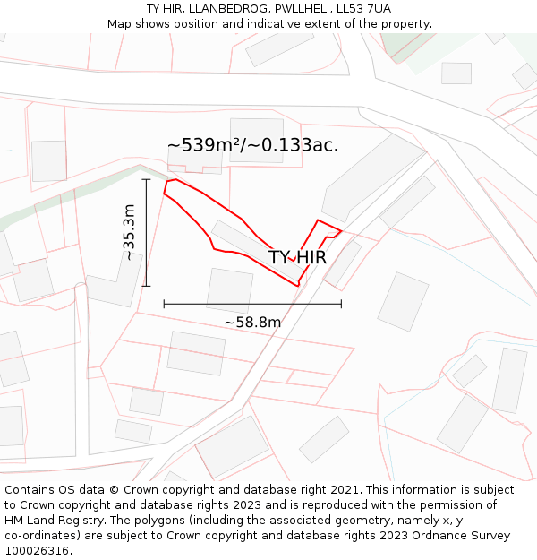 TY HIR, LLANBEDROG, PWLLHELI, LL53 7UA: Plot and title map