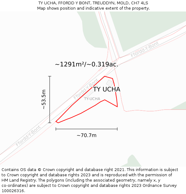 TY UCHA, FFORDD Y BONT, TREUDDYN, MOLD, CH7 4LS: Plot and title map