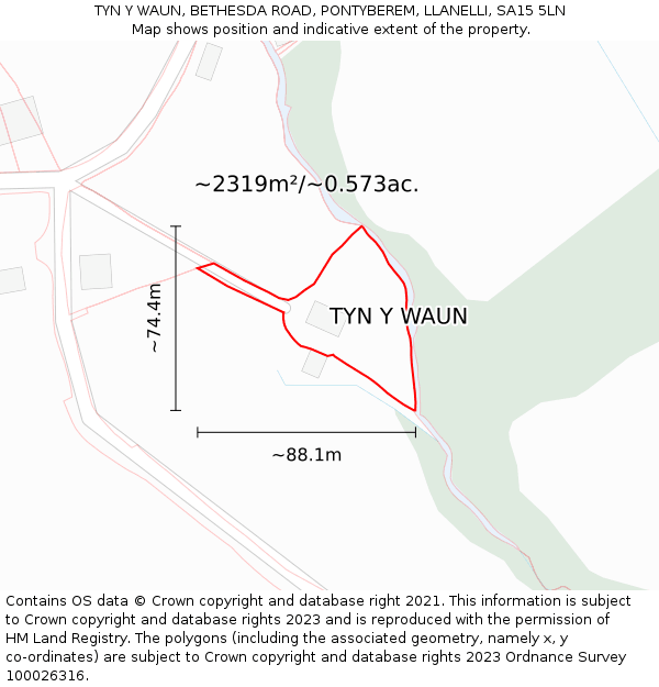 TYN Y WAUN, BETHESDA ROAD, PONTYBEREM, LLANELLI, SA15 5LN: Plot and title map
