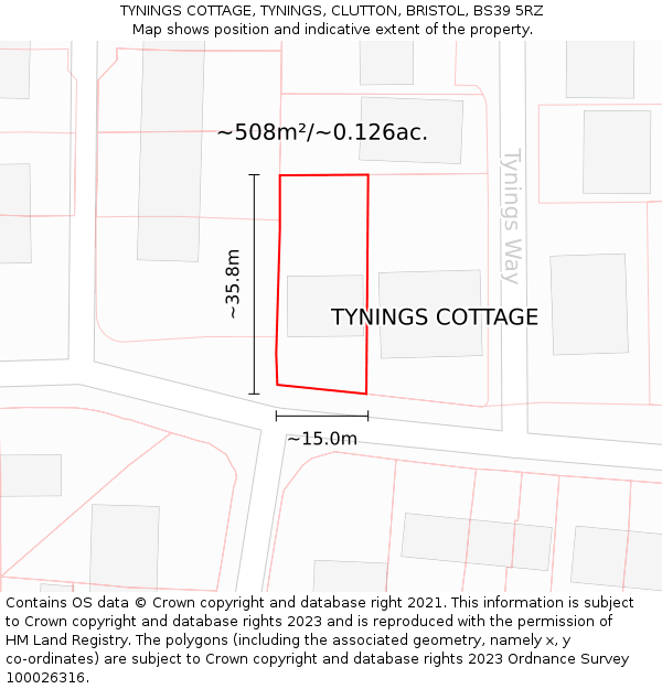 TYNINGS COTTAGE, TYNINGS, CLUTTON, BRISTOL, BS39 5RZ: Plot and title map