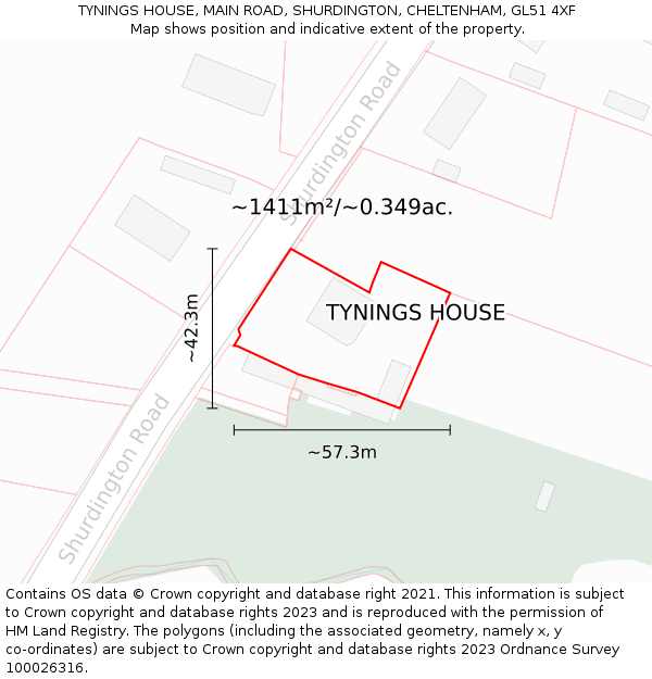 TYNINGS HOUSE, MAIN ROAD, SHURDINGTON, CHELTENHAM, GL51 4XF: Plot and title map