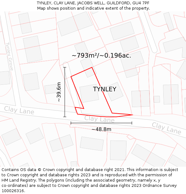 TYNLEY, CLAY LANE, JACOBS WELL, GUILDFORD, GU4 7PF: Plot and title map