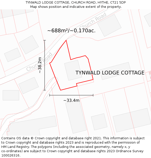 TYNWALD LODGE COTTAGE, CHURCH ROAD, HYTHE, CT21 5DP: Plot and title map