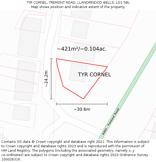TYR CORNEL, TREMONT ROAD, LLANDRINDOD WELLS, LD1 5BL: Plot and title map