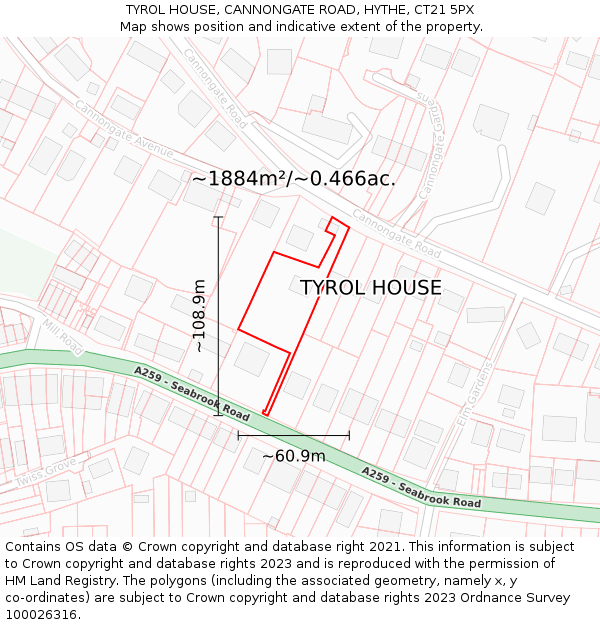 TYROL HOUSE, CANNONGATE ROAD, HYTHE, CT21 5PX: Plot and title map