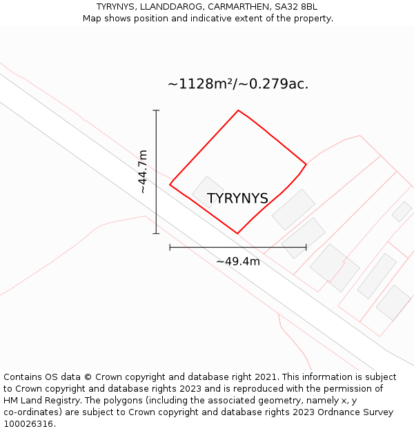 TYRYNYS, LLANDDAROG, CARMARTHEN, SA32 8BL: Plot and title map