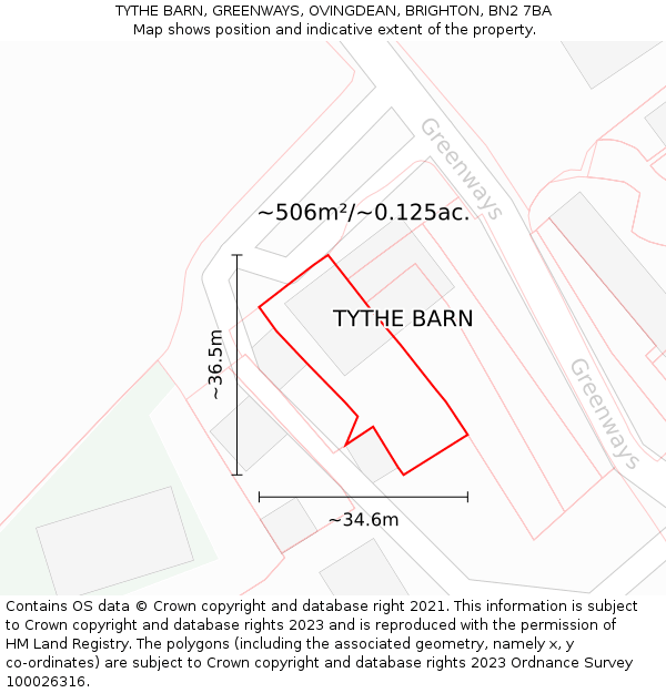 TYTHE BARN, GREENWAYS, OVINGDEAN, BRIGHTON, BN2 7BA: Plot and title map