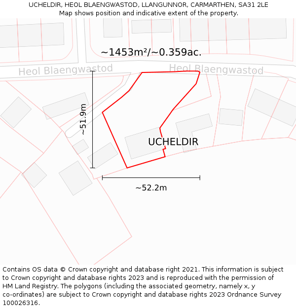 UCHELDIR, HEOL BLAENGWASTOD, LLANGUNNOR, CARMARTHEN, SA31 2LE: Plot and title map
