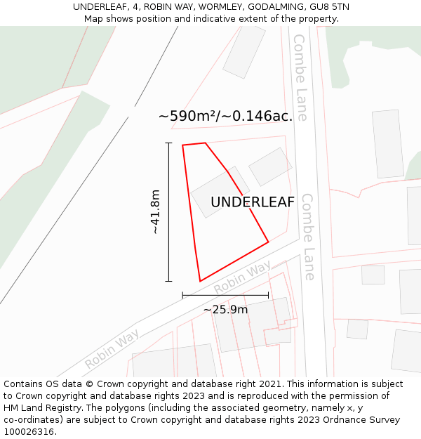 UNDERLEAF, 4, ROBIN WAY, WORMLEY, GODALMING, GU8 5TN: Plot and title map